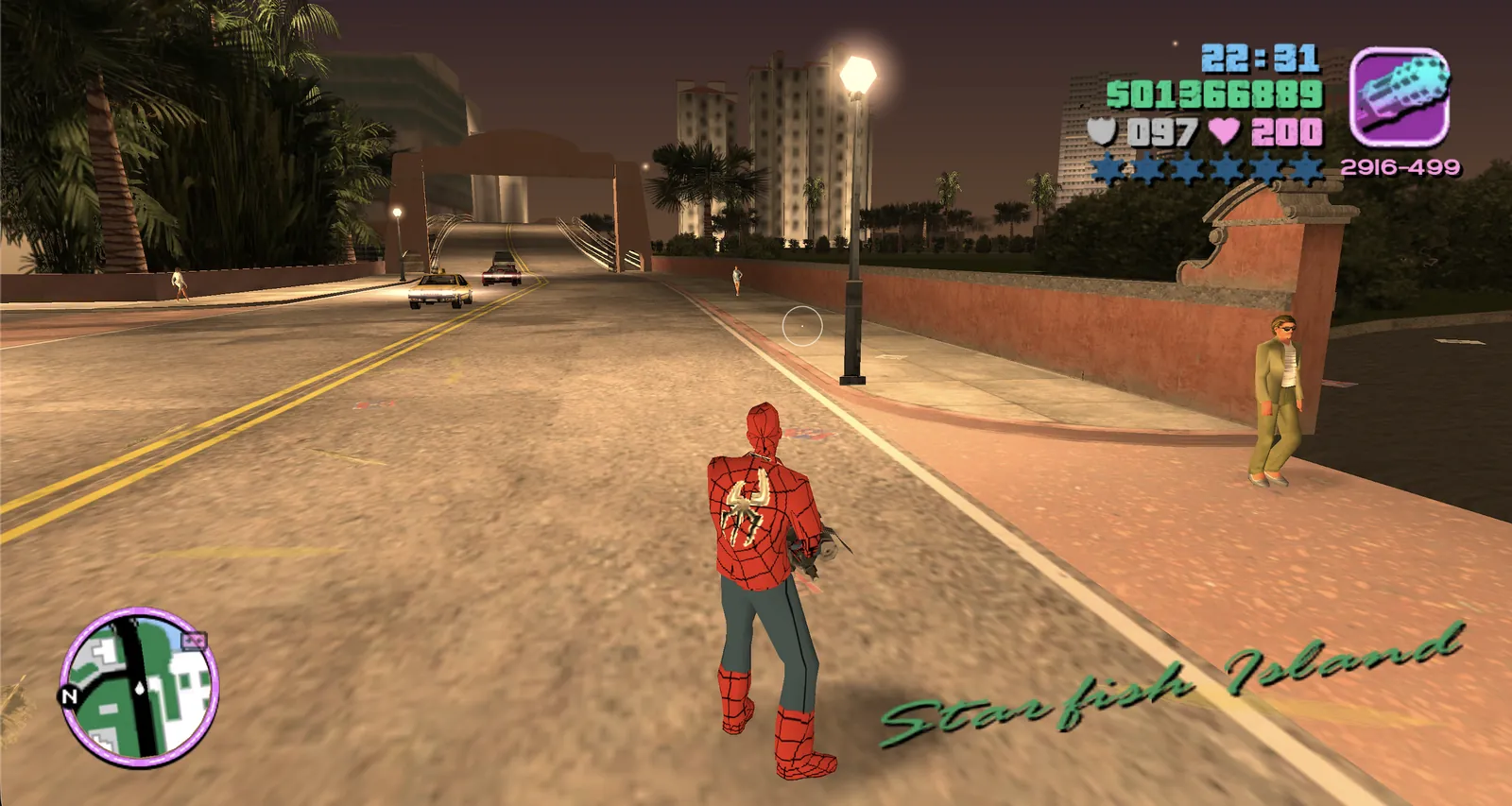 Vice City WebAssembly repository demo showing browser gameplay with a custom Spider-Man player skin