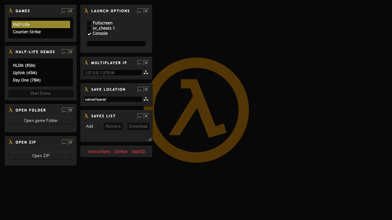 WebXash project interface for opening a local Half-Life or Counter-Strike game folder or ZIP